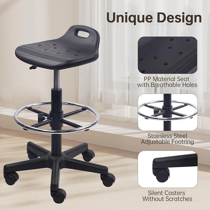 KLASIKA Drafting Rolling Stool Adjustable Height with Foot Rest Breathable Seat Cushion Swivel Stools with Wheels, Multi-Purpose Work Stool for Shop, Task, Salon, Black, 4 Pack