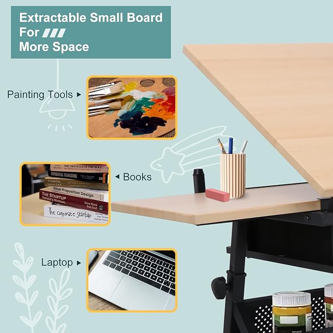 ZENY Drafting Table Art Desk Drawing Table Height Adjustable Artist Table with Tilted Tabletop, Drafting Stool and Storage Drawer for Reading, Writing, Crafting, Painting Art