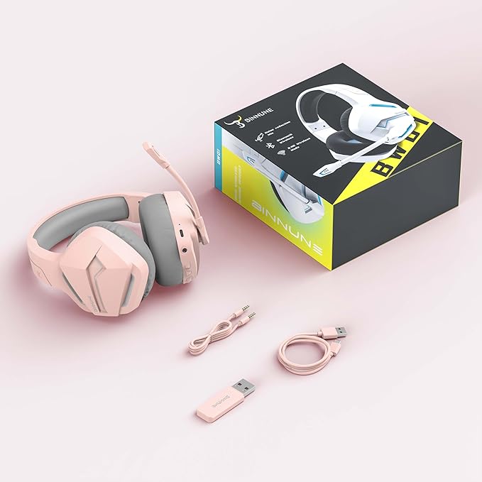 BINNUNE 2.4GHz Wireless Gaming Headset, Bluetooth 5.3 Gaming Headphones with Noise Canceling Mic, 120H Ultra-Long Battery, 50mm Drivers, Multi-Platform for PC / PS5 /PS4/ Switch/Mobile, Pink