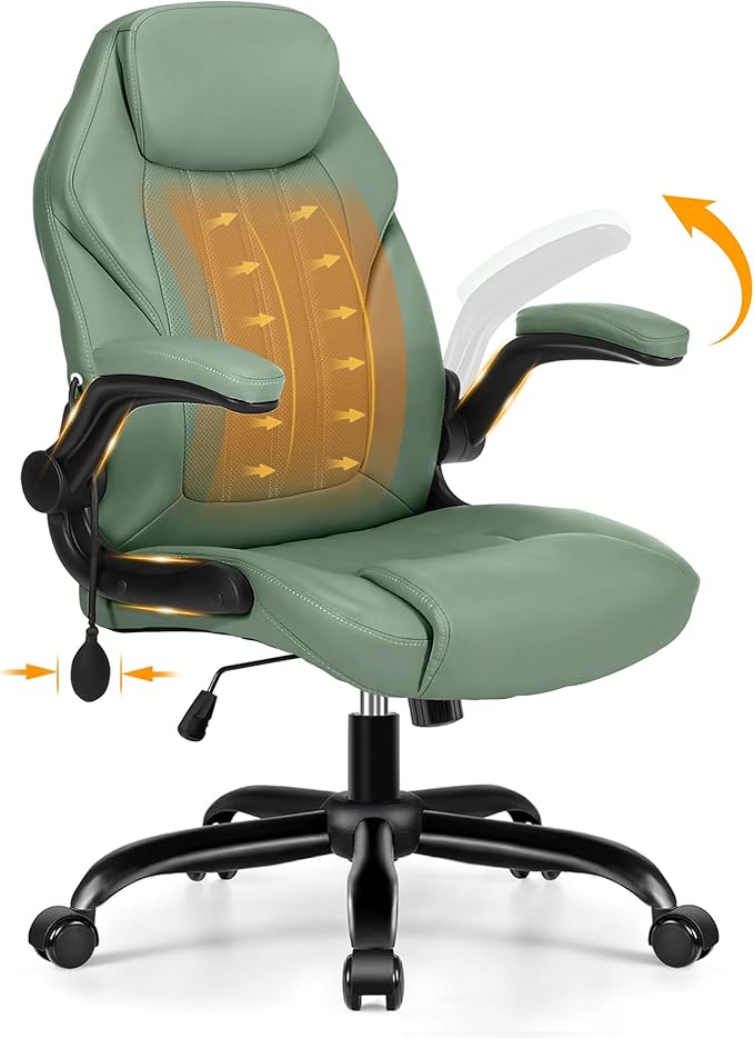 Office Desk Chair, Ergonomic Computer Chair with Padded Flip-Up Arms and Adjustable Lumbar Support, PU Leather Executive Chair with Tilt Lock and 360° Swivel Rolling Wheels for Work, Study