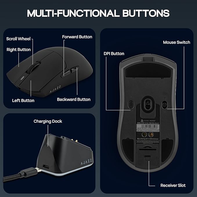 MechLands AJAZZ AJ139P V3 MC Wireless Mouse with Charging Base, 3 Modes Gaming Mouse with 800mAh Battery, Adjustable 24,000 DPI, PAW3311 Sensor, 1000 Polling Rate, 69g Lightweight, Win/Mac (Black)