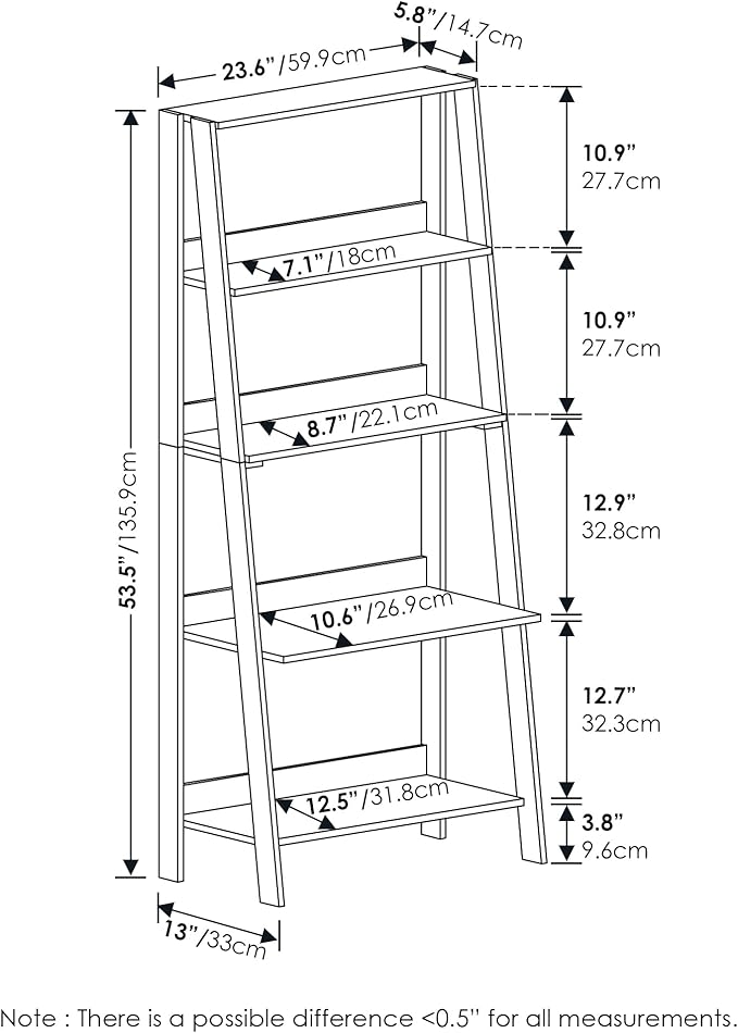 Furinno Ladder Bookcase Display Shelf, 5-Tier, French Oak