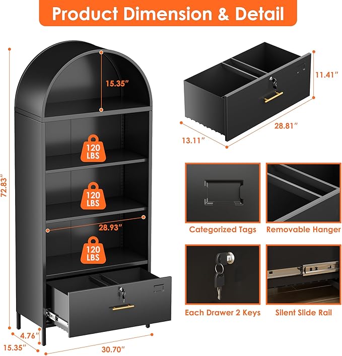 Aobabo 72.8" H Metal Arched Bookcase with 2 Adjustable Shelves and 1 File Drawer for Home Office, Black,Required Assembled