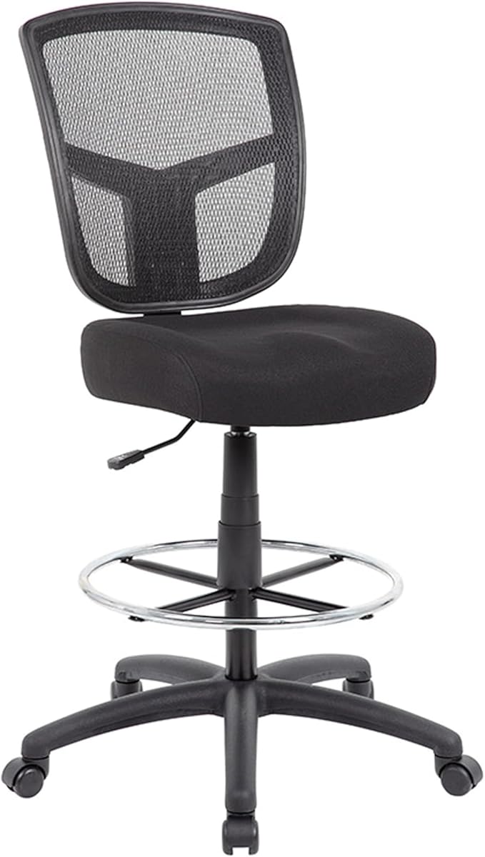 Benzara MEA Drafting Stool Chair, Adjustable Height, Black Mesh, Chrome Footring