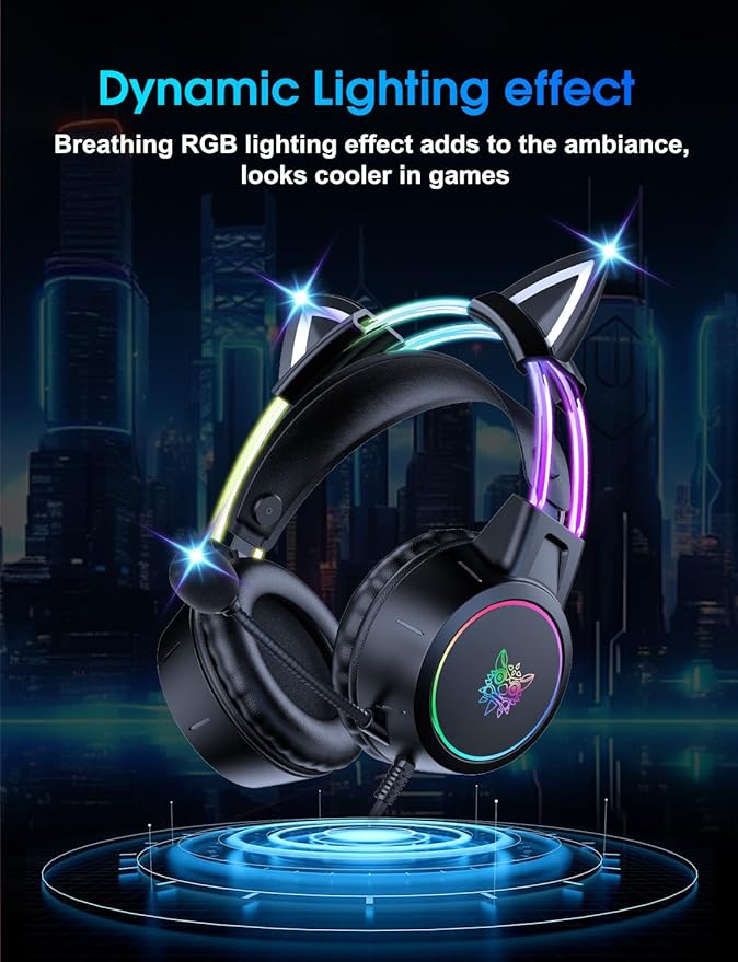 Lightweight Gaming Headset with Detachable Cat Ears, RGB Lighting, Wired Over Ear Headphones with Mic for PC, PS4, PS5, Switch, Stereo Surround Sound, Self-Adjusting Headband