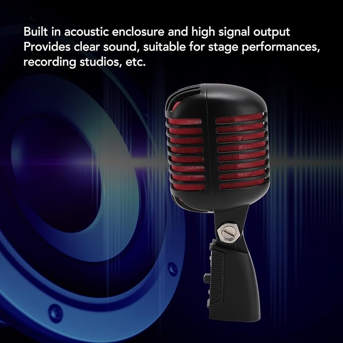 Classic Retro Microphone, Vintage Dynamic Microphone, Zinc Alloy Self Tensioning Rotating Rack, Unidirectional Cardioid Mic, Universal Stand Compatible (Black)