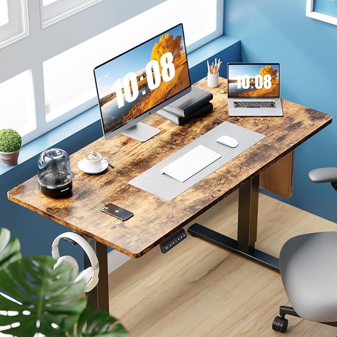 Sweetcrispy Electric Standing Desk Adjustable Height, 40x24 Inch Sit Stand Up Home Office Desks Computer Workstation PC Work Table with 3 Memory Preset Splice Wood Board Metal Frame, Rustic