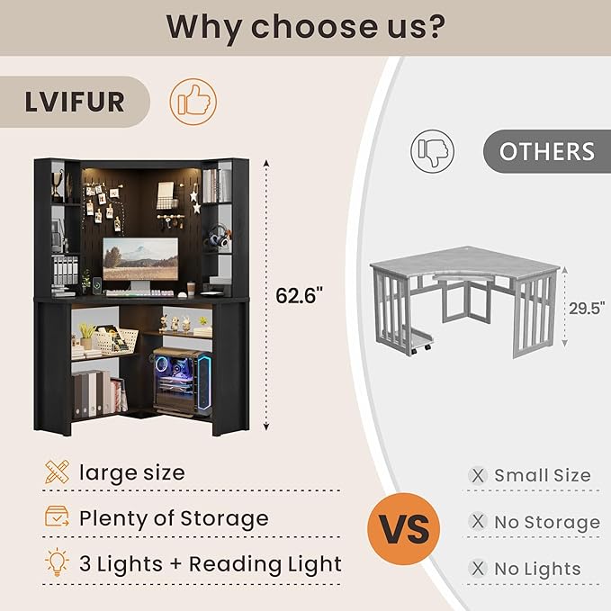 Lvifur Corner Computer Desk with LED Lights, L Shaped Study Desk with Hutch & Shelves, Triangle Home Office Desk with Charging Station for Work & Study, File Cabinet Bookshelf for Small Space (Black)