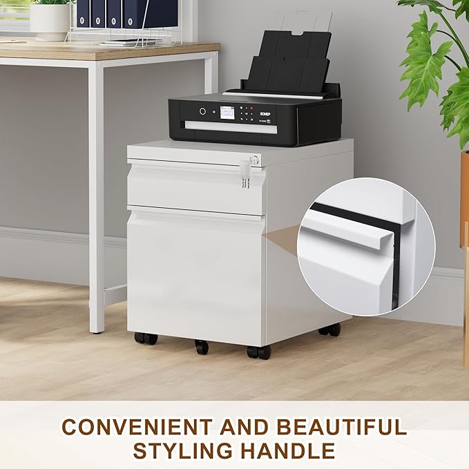 Metal Mobile File Cabinet with Lock and 4 Keys - Fully Assembled, Under Office Desk 2 Drawers Filing Cabinet for Home Office with Anti-tilt Wheels, A4/Legal/Letter Hanging File Drawers