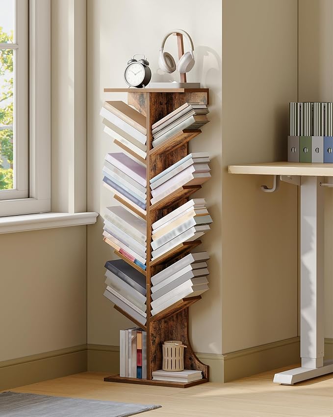 Hzuaneri Tree Bookshelf, 11 Tier Narrow Bookcase, Display Shelf, Book Organizer, Small Floor Standing Book Shelf for Bedroom, Living Room, Home Office, Rustic Brown BC01601X