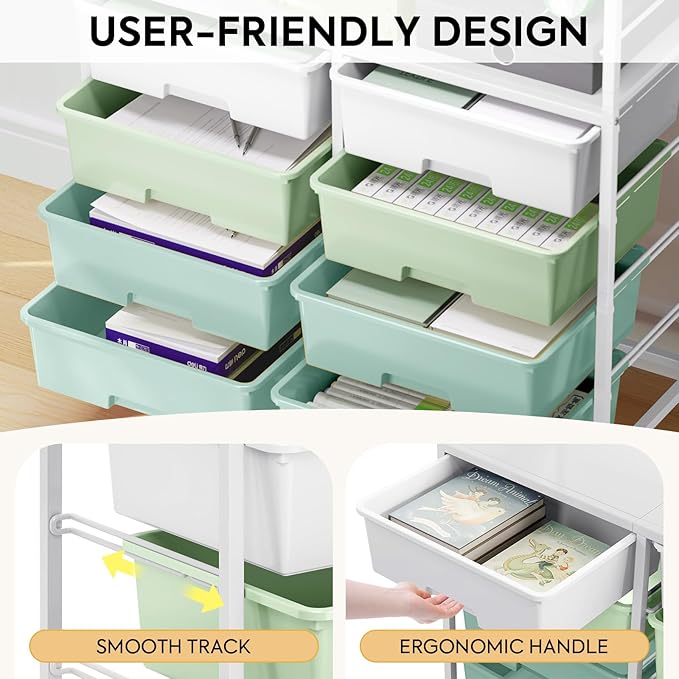 Rolling cart with 8 drawers,Storage drawer cart with wooden tabletop,Lockable wheels organizer for homeschool, arts & crafts, classroom, office & creative spaces (Green)
