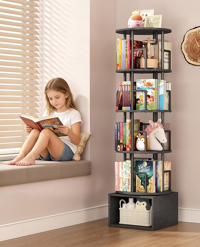 Kalrin 5 Tier Rotating Bookshelf with Extra Storage Cabinet, 360°Spinning Corner Bookshelf, Floor Standing Bookcase for Kids & Adult, Narrow Book Shelf for Bedroom Living Room, Pure Black