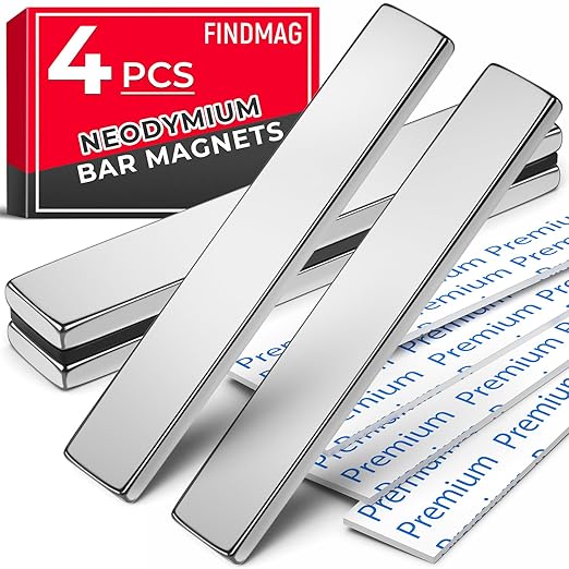 FINDMAG 4 Pack Magnets Bar, Rare Earth Magnet Heavy Duty, Strong Neodymium Bar Magnets with Double-Sided Adhesive - 60 x 10 x 3mm
