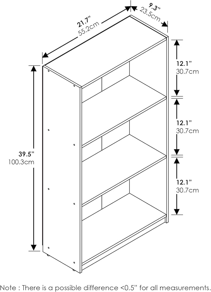 FURINNO Basic 3-Tier Bookcase/Bookshelf/Storage Shelves, Dark Espresso 9.25D x 21.73W x 39.5H in