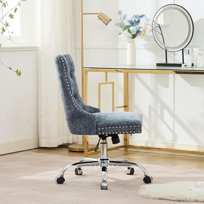 Goujxcy Desk Chair, Modern Chenille Upholstered Tufted Button Home Office Chair, 360° Swivel Armless Desk Chairs, 120°Rocking Ergonomic Computer Task Vanity Chairs, Light Blue