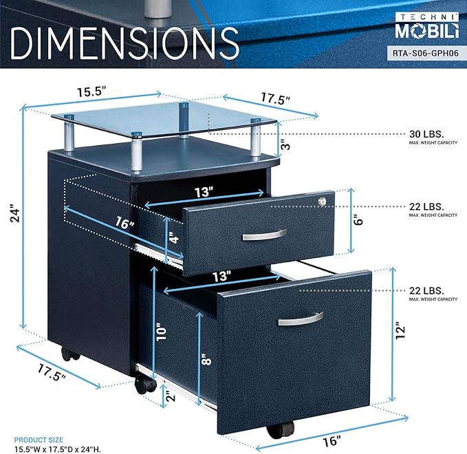 2-Drawer Rolling File Cabinet with Lock and Glass Top, Under Desk File Cabinet with Wheels, Printer Stand, Graphite Black