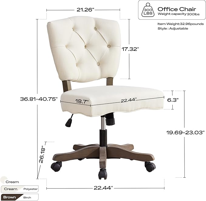 HUIMO Upholstered Swivel Desk Chair Chenille Tufted Fabric Home Office Chair with Wheels Adjustable Height Classic Task Chair with Wooden Legs Comfortable Armless Chair for Studio Study (Cream)
