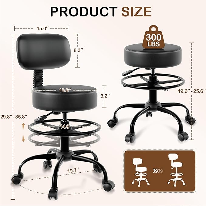 Drafting Chair with Back Support, Adjustable Foot Rest Rolling Stool, 360° Swivel Office Desk Chair with Wheels, Thick Seat Cushion for Home Bar Salon Tattoo Shop (1, Black)