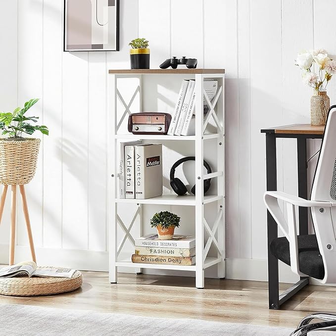 MNEETRUNG Small Bookshelf,4 Tier Industrial Bookcase with Metal Frame and Backboard,Narrow White Book Shelf,Book case for Small Spaces,Living Room,Bedroom and Home Office