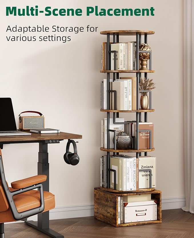 Kalrin 5 Tier Rotating Bookshelf with Extra Storage Cabinet, 360°Spinning Corner Bookshelf, Floor Standing Bookcase for Kids & Adult, Narrow Book Shelf for Bedroom Living Room, Vintage Brown