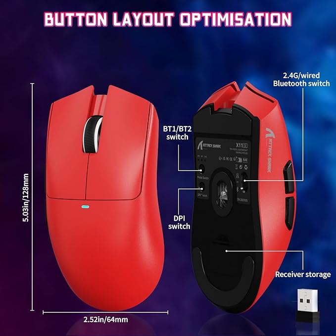 ATTACK SHARK X11SE Lightweight Wireless Gaming Mouse, 59g Tri-Mode BT/2.4G Wireless/Wired Gaming Mouse, PixArt PAW3311 Gaming Sensor, 22000 DPI, Office Mice for PC/Xbox/Win/Mac (Red)