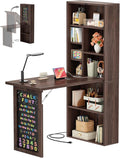 Armocity Small Folding Desk with Outlets, Convertible Writing Desk for Small Spaces/Home Office/Craft Room, Multi-Function Desk Workstation with Blackboard, Fold-Out Cabinet Table, Black Walnut