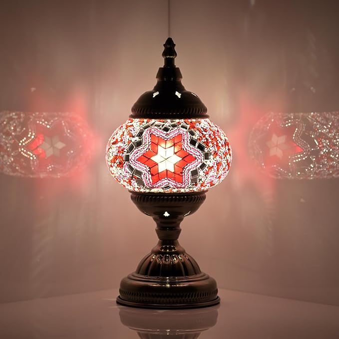 GOGERS Turkish Moroccan Table Lamp Lantern with Handmade Mosaic Glass Lampshade Tiffany Style Bohemian Stained Glass Decorative Desk Lamps Bedside Night Lights for Bedroom (Pink)