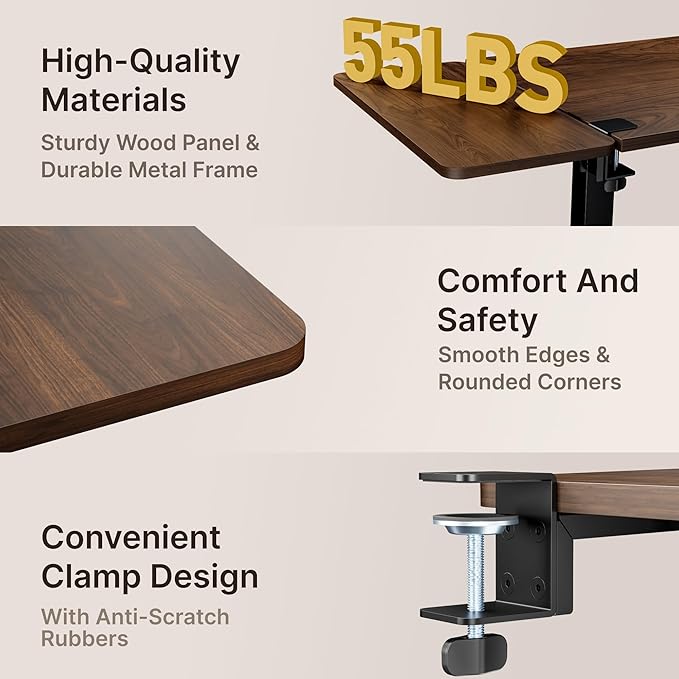 PEGZONE Desk Extender Tray, 24" x 12" Clamp On Desk Shelf, Desk Extension with Storage Drawer, Table Desk Arm Rest, Clamp On Keyboard Tray for Office and Home, Workstation Organizer, Medium, Walnut