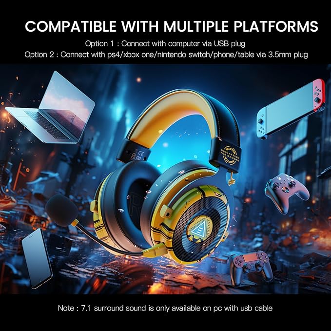 EKSA USB Gaming Headset for PC, Computer Gaming Headphones with Detachable Microphone Noise Cancelling, 7.1 Surround Sound, 50MM Driver, Wired Headset for PS4 PS5, Xbox One, Laptop (Yellow)