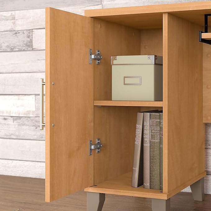 Bush Home Somerset 60W L Shaped Desk with Hutch and 5 Shelf Bookcase in Maple Cross