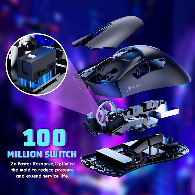 MAMBASNAKE ATTACKSHARK V3 Wireless Gaming Mouse,Adjustable 25K DPI PAW3311 Optical Sensor,Ergonomic 62g Lightweight 5 Programmable Buttons 500mAH Battery,2.4G/BT/USB-C Wired for PC/Mac-Black