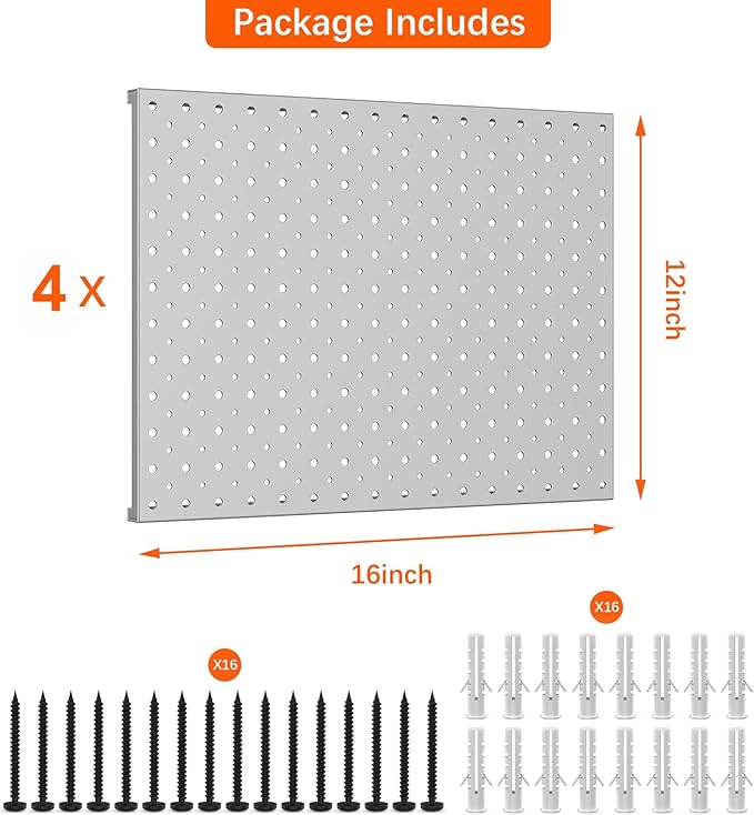 TORACK 4 PCS 12"x16" Metal Pegboard Panels for Garage, Workbench, Shop, Tool Organizer Peg Board with 1/8" & 1/4" Holes, Modular Wall-Mounted Pegboard for Pegboard Hooks (Grey)