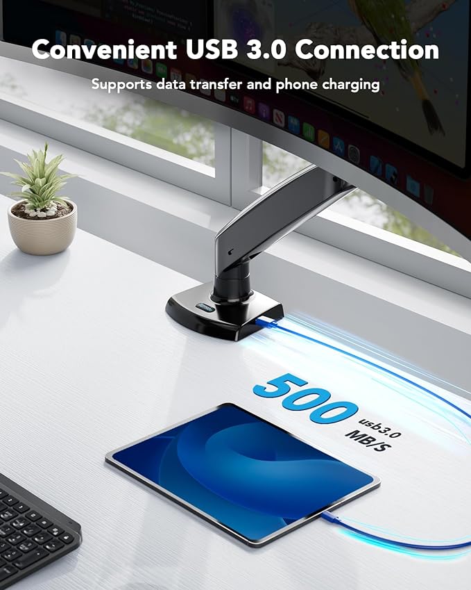 HUANUO Single Monitor Arm for 13-49 inch Screens, Ultrawide Computer Monitor Mount Holds 26.48 lbs, Upgraded Adjustable Stand with USB, C-Clamp & Grommet Base, VESA 75x75 or 100x100mm