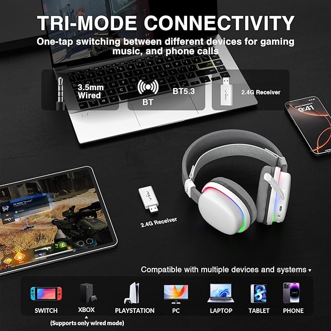 AULA G7 Wireless Gaming Headset with Detachable Noise Canceling Mic, 40mm Driver, BT5.3 Gaming Headphones with RGB Light, 10ms Latency, 60Hr Battery, PC Gaming Headset for PS5,PS4, Switch,Xbox,PC