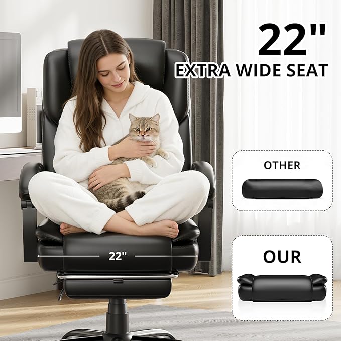 350lbs Big and Tall Executive Office Chair with Footrest, Reclining High Back Leather Desk Chair, Wide Seat with Pocket Spring Lumbar Support and Pillow, Ergonomic Computer Chair for Home Office