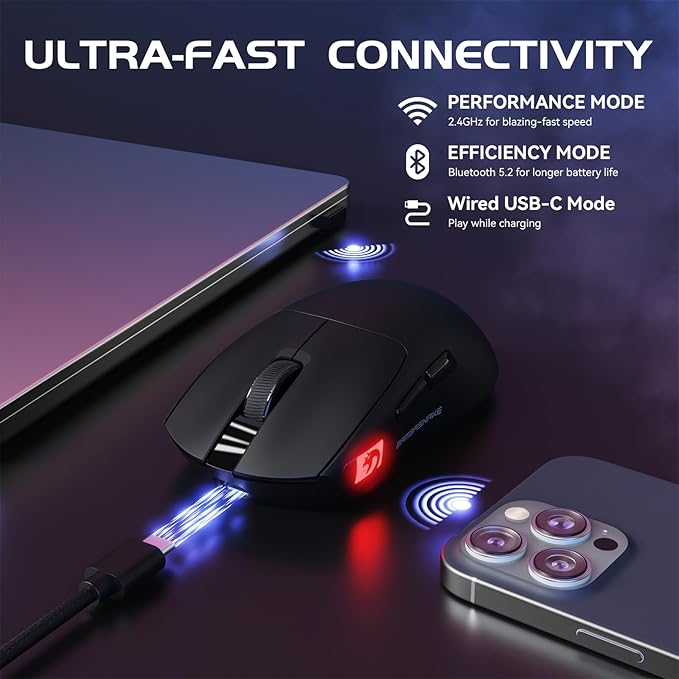 MAMBASNAKE M4 Wireless Gaming Mouse, 52g Lightweight BT/2.4Ghz/Wired Computer Mouse, PAW3311 24K DPI Optical Sensor, 200h Battery Life, Programmable Mice for PC/Win/Mac (Black)
