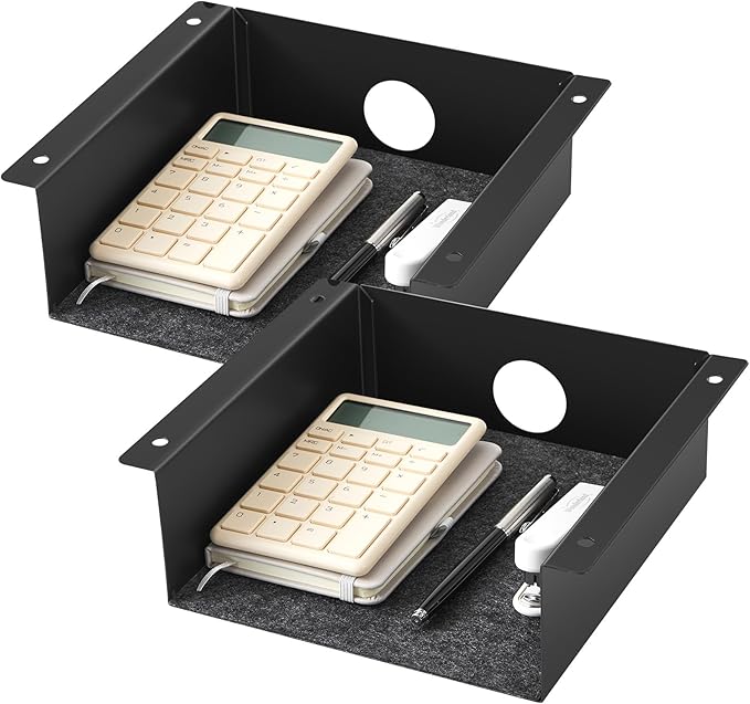 Yaocom 2 Pack Under Desk Hanging Shelf, Carbon Steel Storage Tray with Mute Felt Sheets, Mount Shelves Organizer for Office Home Workstation Gaming Desk Stand up(7.5x8x2.8 in/Storage Shelf,Black)