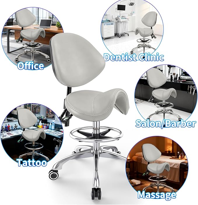 Saddle Chair with Back Support - Tilted Backrest, Adjustable Foot Rest, 350 LBS Capacity Ergonomic, 360° Swivel Drafting Chair for Salon,Spa, Massage, Tattoo, Facial lash, Home, Dentist（Grey）