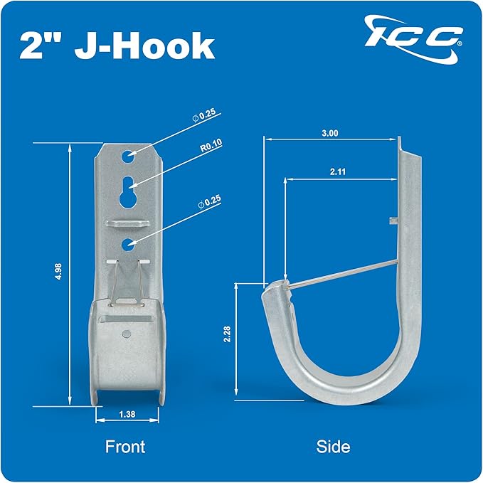 ICC 2” Wall Mount J - Hook with Retainer Clip for Structured Cabling - Galvanized Steel Cable Management Hooks, Available in Multiple Sizes - Rust-Resistant, TIA/EIA Compliant- 25-Pack