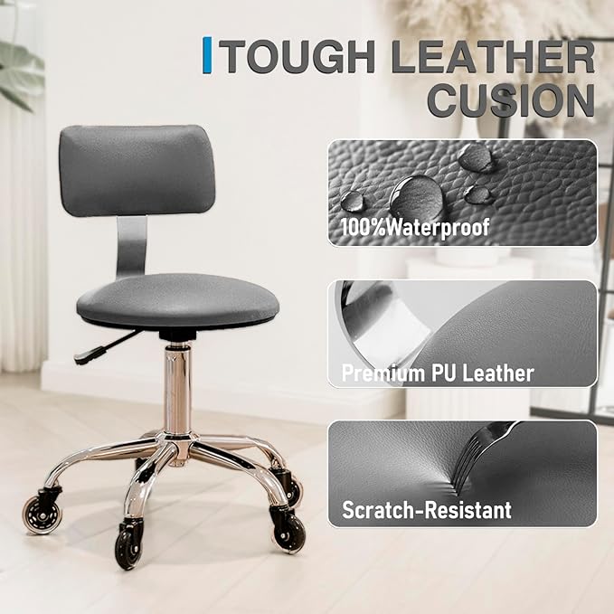 Rolling Stool Chair with Wheels, Office Drafting Chair with Back Support, Height Adjustable Standing Desk Stool with PU Leather Cushion for Home Office Kitchen Vanity Salon Garage Tattoo Dentist(Grey)
