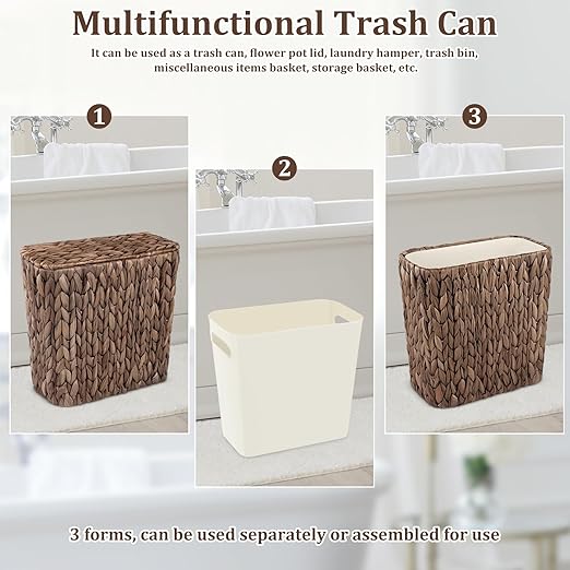 Wicker Trash Can with Lid and Liner, Handwoven Wicker Waste Basket, Water Hyacinth Bathroom Trash Can, Boho Rattan Garbage Wastebasket for Bedroom Home Living Room Office, 2.5 Gallon, Espresso