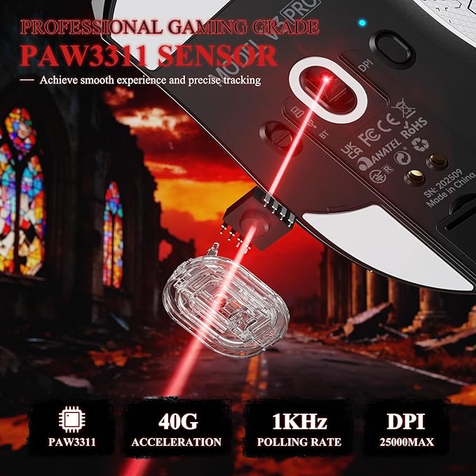 MAMBASNAKE Attack Shark V3 PRO 62g Superlight Wireless Gaming Mouse,RGB Charging Dock,BK52820 Tri-Mode BT/2.4G Wireless/Wired Mouse with Grip Tape,25000DPI,5 Programmable Buttons for Pc/Mac,White PRO