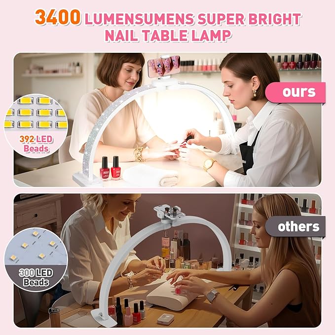 HITTI 31in Half Moon Light for Nail Desk, Foldable, Phone Stand, LED Adjustable Brightness and Color, 48W, Arch Nail Tech Table Lamp for Manicure, Craft, Art, Eyelash Extension (Crystal Diamond)