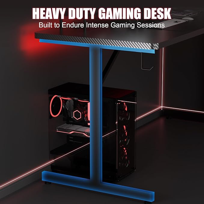 GTPLAYER 55 Inch Gaming Desk with LED Lights, Large Computer Desk with Mouse Pad for Home Office, T-Shaped Carbon Fibre Surface PC Game Workstations with Headphone Hook
