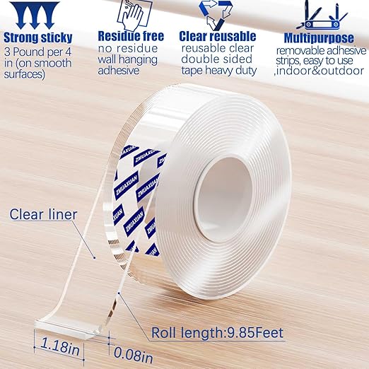 ZMUAXUAN Strong Nano Double Sided Tape Heavy Duty Mounting,Clear Removable Wall Sticky Adhesive Strips,Reusable Thick Gel Grip for Hanging Picture,Poster,Carpet,Photo