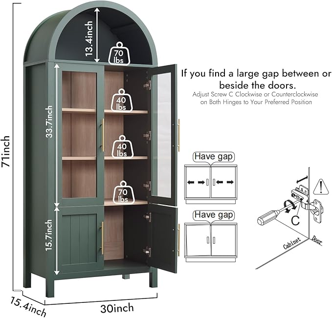 71" Tall Arched Display Cabinet, 5-Tier Bookshelf Modern Farmhouse Arched Bookcase with Glass Doors and Shelves, Wooden Pantry Storage Cabinet for Living Room, Office and Kitchen, Green