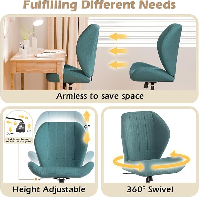 ZZW Criss Cross Chair with Wheels, Wide Cross Legged Office Chair Armless Comfy Desk Chair with Tall Back Vanity Chairs with Stress Relief Curved Design Seat for Bedroom & Office & Home Blue