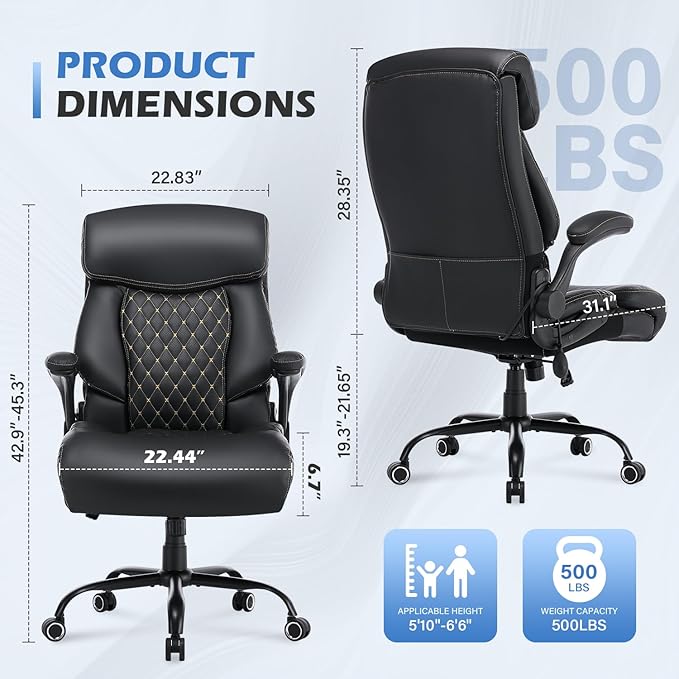 500LBS Big and Tall Office Chair,Comfy Heavy Duty Executive Chair with Adjustable Lumbar Support for Back Pain,High Back Desk Chair with Extra Wide Seat for Home Office
