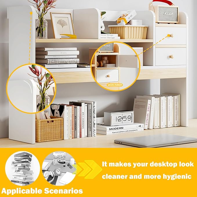 Desktop Bookshelf,Countertop Storage Hutch with 4 Shelves for Dorm Office Home,Wooden Hutch Bookshelf,Computer Bookcase 36.6in (Wood Color)
