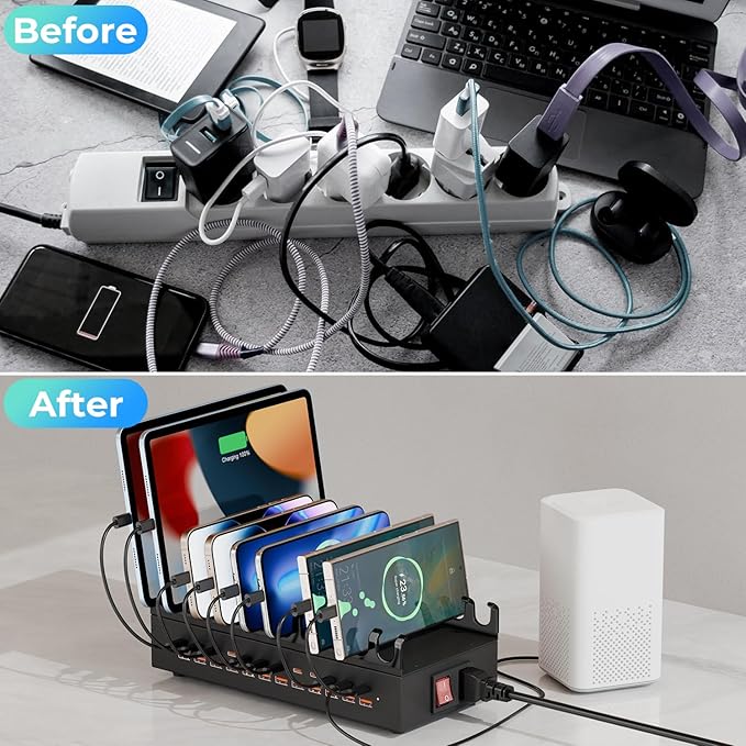 300W USB Charging Station, 24 Port Fast Charging Station for Multiple Devices, PD USB C Charger Block, Smart Power Delivery & Multi Protection for Laptop MacBook iPhone, iPad, Tablet, and More